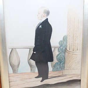 Antique Victorian watercolour portrait painting full length of gentleman side silhouette in frame