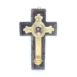 Antique French Velvet Cross Crucifix Religious Icon with Porcelain Jesus Plaque & Holy Water Font