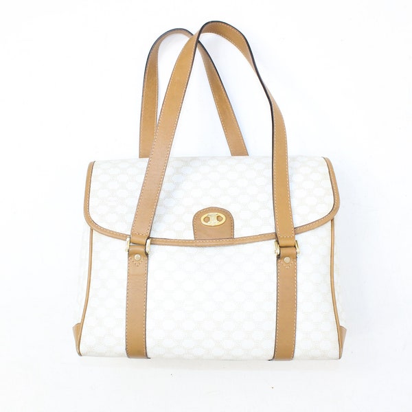 Vintage Celine cream macadam monogramed handbag authentic designer grab bag leather trim