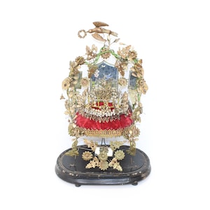 Antique French Globe de Marriage Red Velvet Display Cushion with Wax Tiara