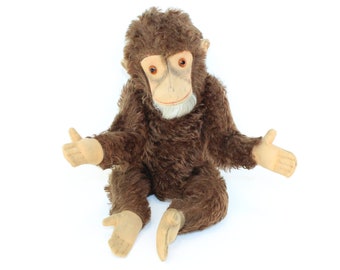 vintage allemand singe chimpanzé chimpanzé singe articulé brun mohair paille rempli peluche avec squeaker