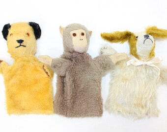 Vintage 3x hand puppet soft toy Sooty bear monkey and spaniel dog glove puppet friends