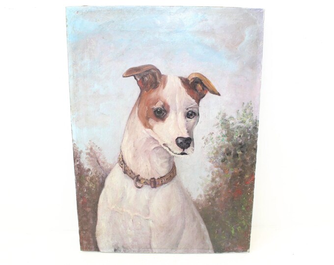 Antique Victorian Dog Oil Painting on Canvas Whippet Greyhound Pet