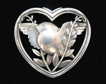 Georg Jensen large Sterling Silver heart framed bird brooch pin Danish by Arno Malinowski 239
