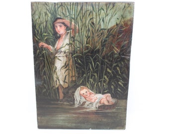 Antigua pintura al óleo victoriana a bordo de la escena bíblica religiosa Moisés en las cañas