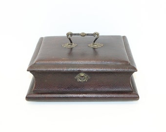 Antique French sewing casket jewellery box brown leather with blue silk lining