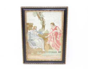 Antique Victorian silk embroidery religious Jesus needlework The Woman Od Samaria in frame