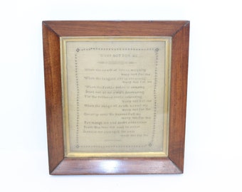 Antique early Victorian silk cross stitch sampler poem religious needlework Weep Not For Me in frame