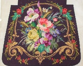 Antique Victorian large needlework cross stitch floral flower woolwork panel tapestry for chair seat cushion