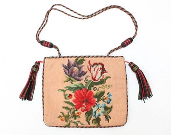 Antique Victorian Reticule: Floral Woolwork Needlepoint Purse, 1850s