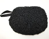 Vintage 1940s real black astrakhan wool lamb fur hand muff winter warmer with built in clutch bag handbag
