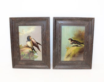 Antique Victorian pair bird oil painting on board swallow and sparrow in original frames Aesthetics movement