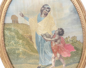 Antique Georgian silk embroidery and painting watercolour picture embroidered needlework religious scene
