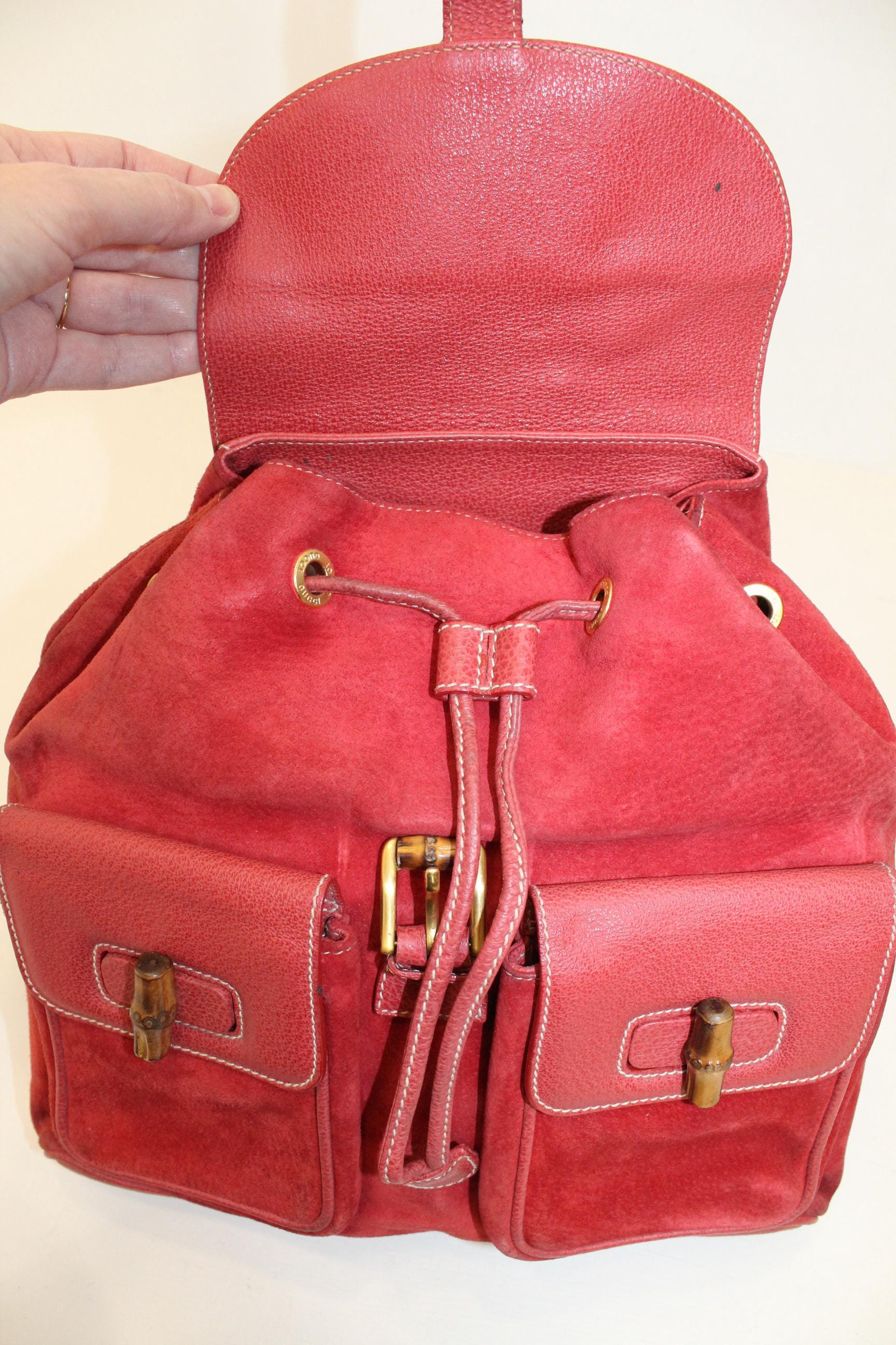 Vintage Gucci Bamboo Red Suede Leather Large Backpack  display picture 1