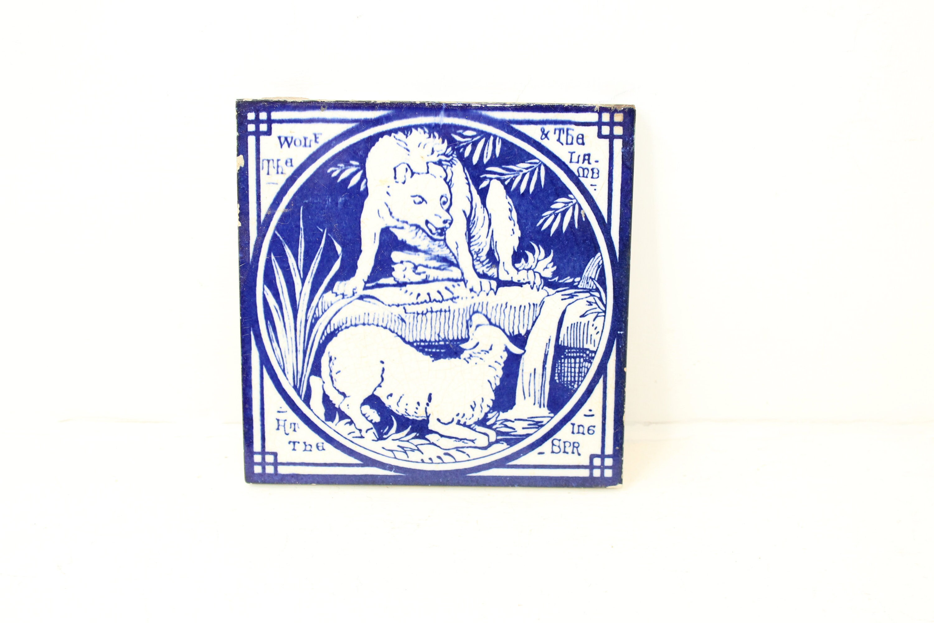 Antique Victorian Minton Aesops Fables Tile Decorative Aesthetics Movement The Wolf & The Lamb At Spring