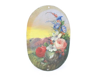 Antique Vintage birds nest painting with flowers on tin hand painted tinware plaque folk art