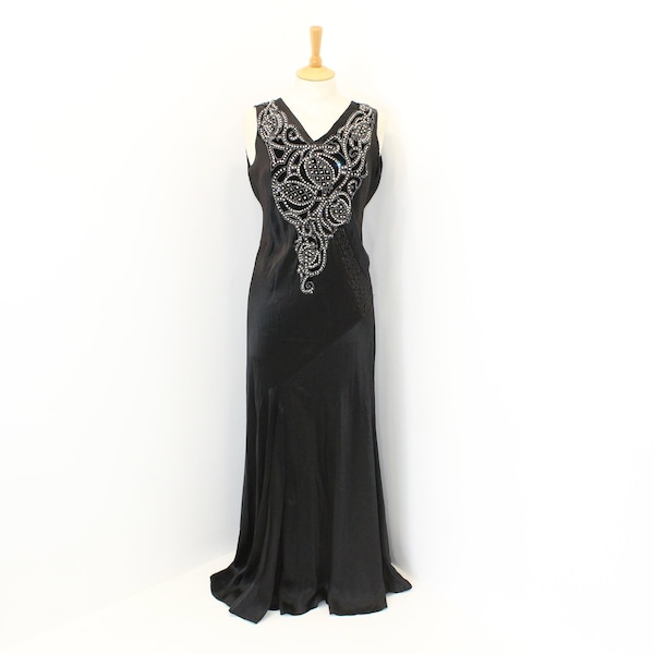 Vintage 1930s original black satin dress floor length cocktail evening gown rhinestone and beadwork size Small UK 8 10