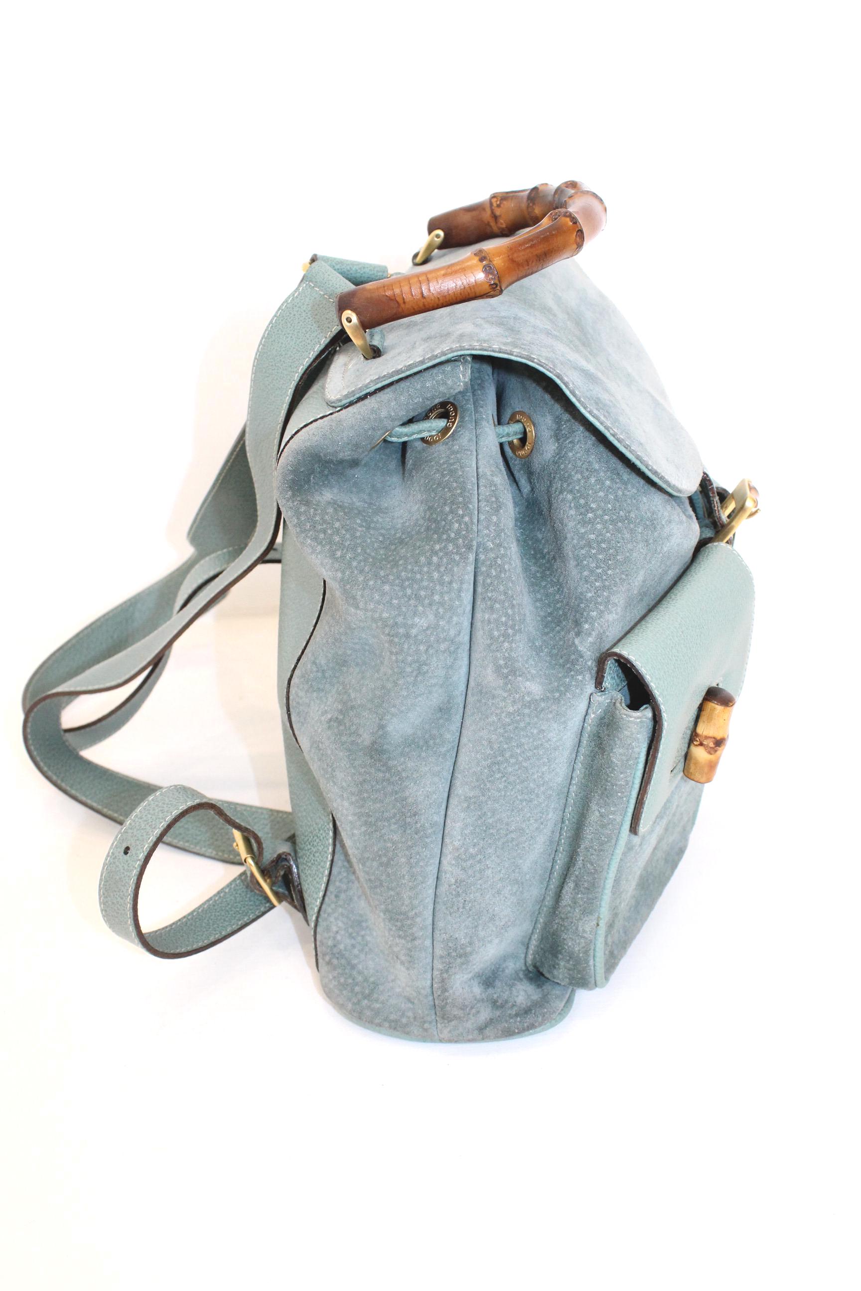 Vintage Gucci Bamboo Backpack Blue Sued Leather Authentic Designer