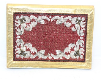 Vintage 1930s beadwork and gold leather clutch bag evening handbag heavily beaded flapper purse