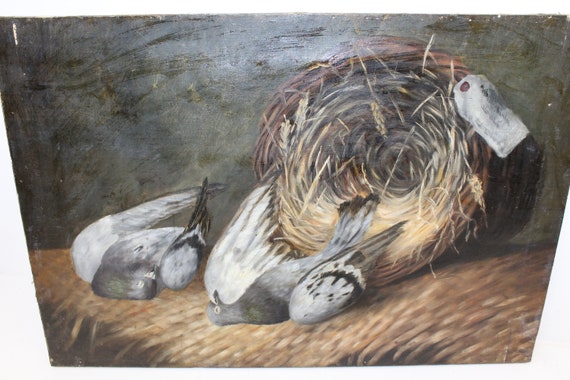 Antique Victorian Large Oil Painting on Canvas Dead Bird Pigeon