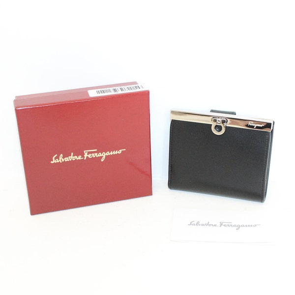 Vintage Salvatore Ferragamo wallet purse black leather Gamaguchi Gancini unused in box