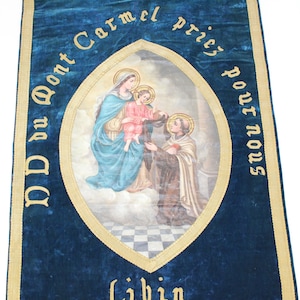 Antique Large French Church Banner Hand Painted Mary Jesus Embroidered Blue Velvet Wall Hanging