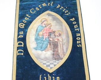 Antike große französische Kirchenbanner handbemalte Maria Jesus gestickter blauer Samtwandbehang