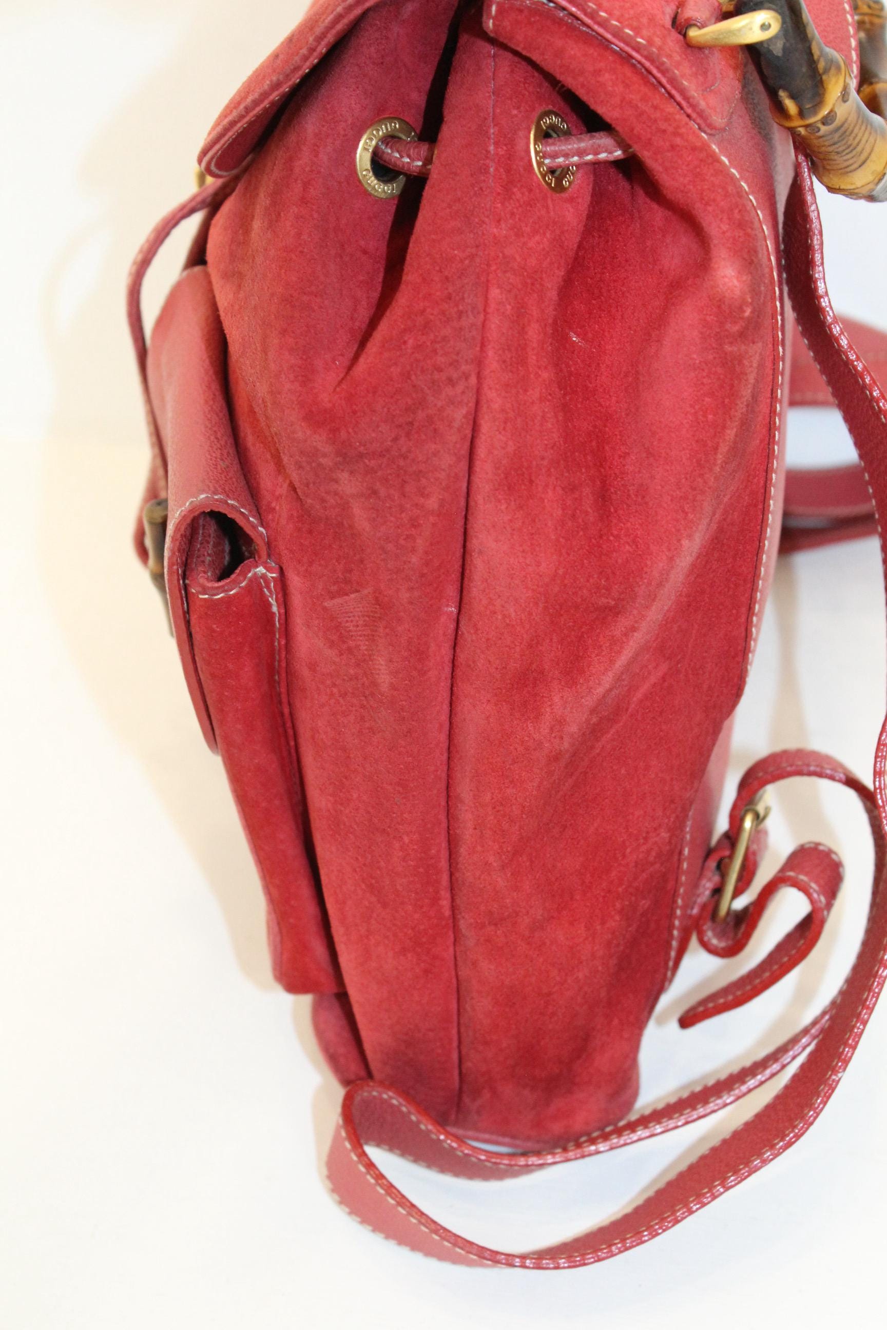 Vintage Gucci Red Suede Backpack with Front Pockets Vintage Gucci Bamboo Red Suede Leather Large Backpack  main image 3