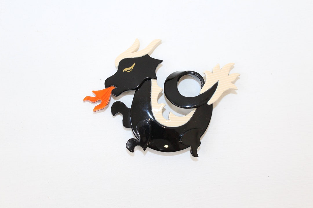 Vintage Large Lea Stein Dragon Pin Brooch Cellulose Black Cream