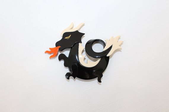 Vintage Large Lea Stein Dragon Pin Brooch Cellulose Black Cream Etsy Singapore