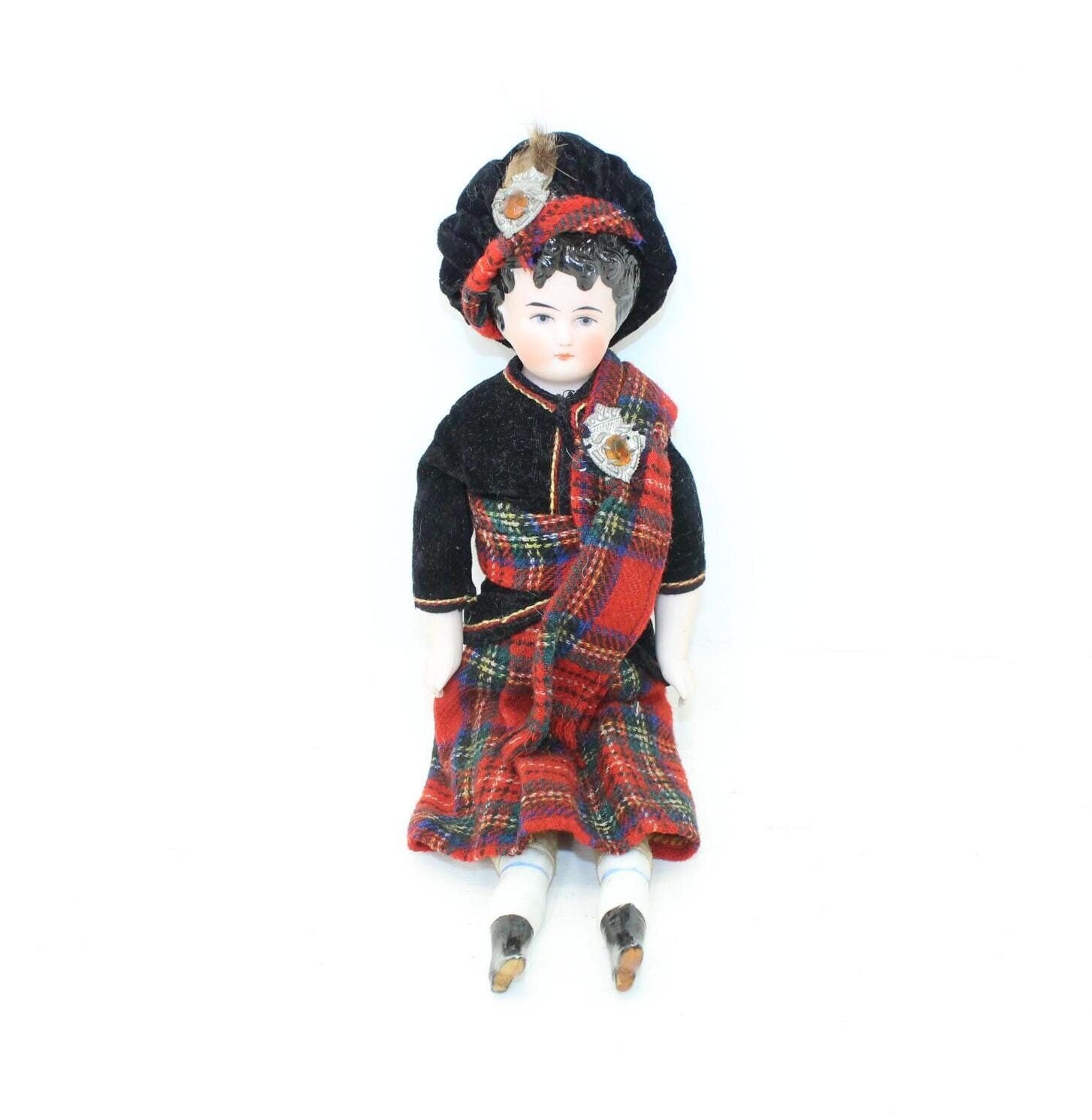 ◆希少 美品 1940年代◆インドネシア 藍の服装 伝統操り人形（木製）『兵隊』 アンティーク ビスク 磁器人形 スコットランドの女の子キャラクター