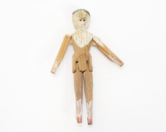 Antique German Wooden Miniature Penny Peg Doll Jointed Hand Carved