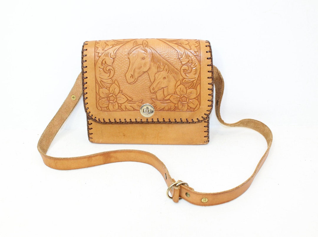 Vintage 1980s Leather Saddle Shoulder Bag Handbag Tan Brown With Tooled