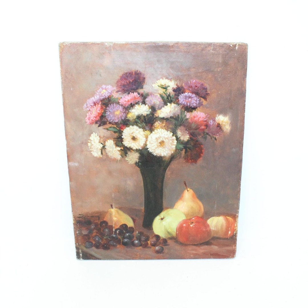 Vintage French Still Life Oil Painting on Canvas Flowers in Vase and ...