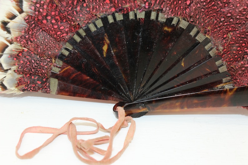 Antique Victorian pink feather fan folding hand fan celluloid staves