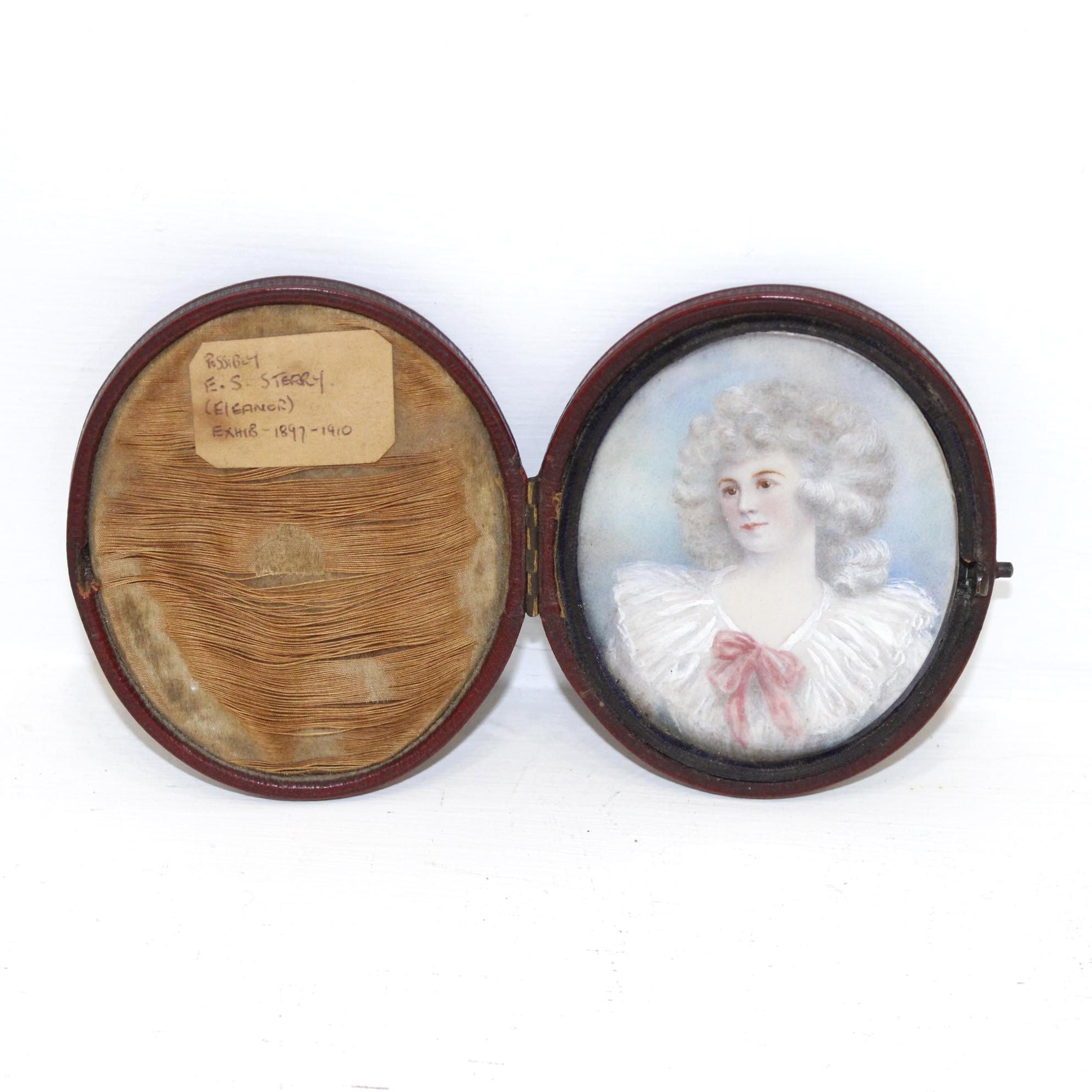 Antique 19th century miniature lady portrait painting powdered wig in red leather travel case