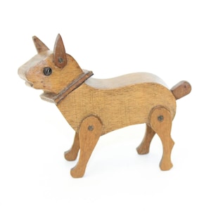 Antique novelty folk art dog french bulldog pug wooden treen articulated handmade sculpture figure