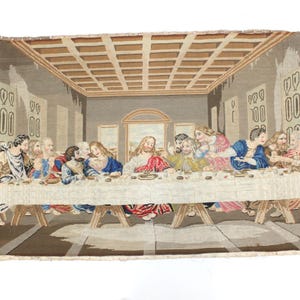 Antique Victorian large religious wool needlepoint tapestry sampler Jesus The Last Supper