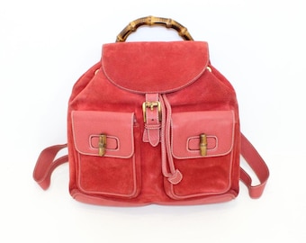 Gucci Vintage Suede Bamboo Backpack | Pink Designer Bag 90s  display picture 1