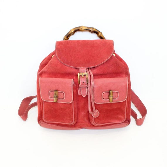Vintage Gucci Bamboo Red Suede Leather Large Backpack  display picture 1