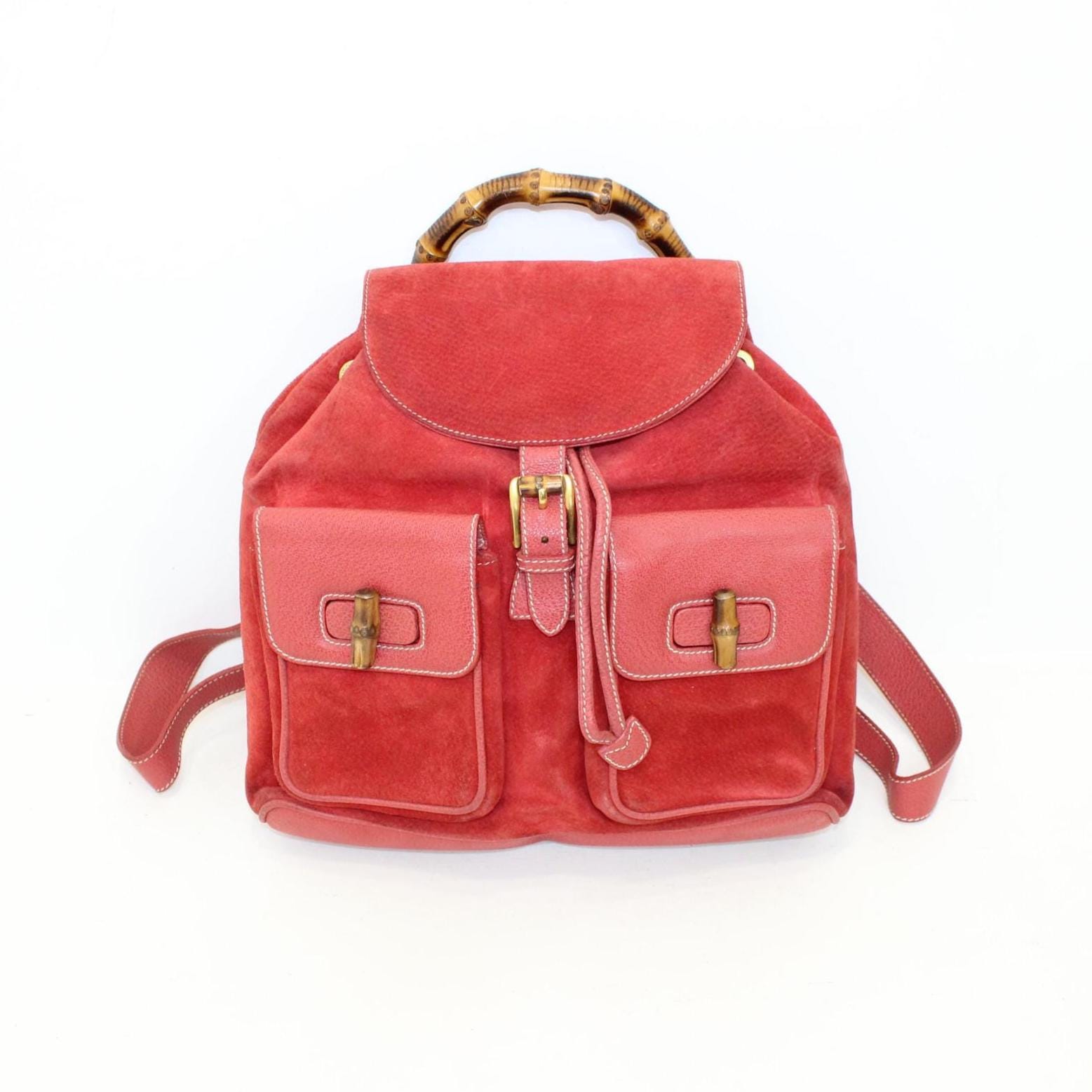 Vintage Gucci Bamboo Red Suede Leather Large Backpack  display picture 3