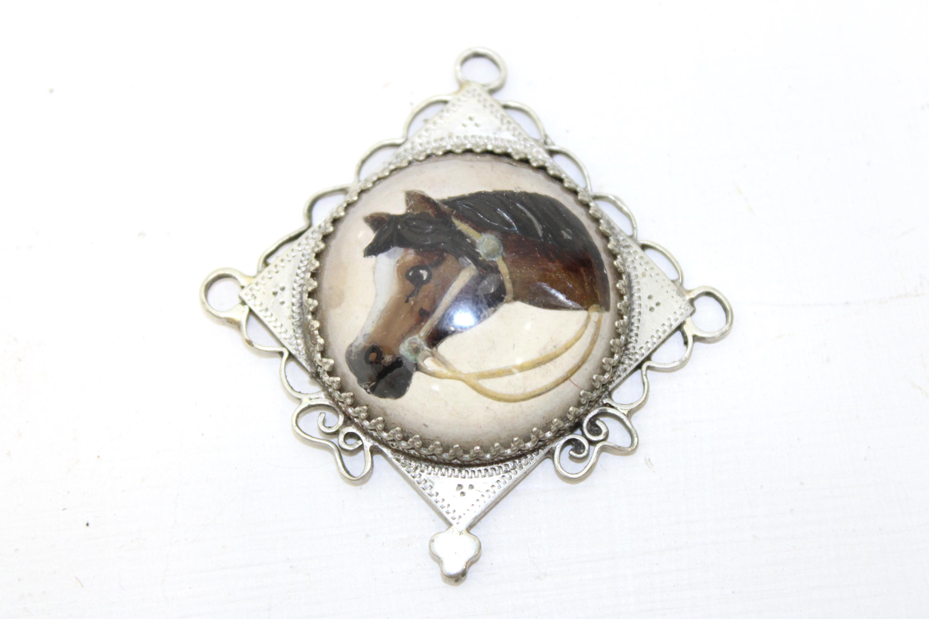 Antique Large Horse Head Pendant Reverse Painted Carved Crystal