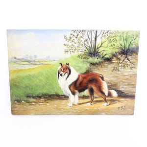 Antique Edwardian Rough Collie dog oil painting on board pet portrait dated 1904