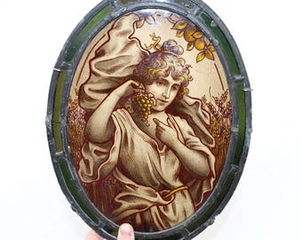 Antike Original bemalte Glasmalerei Tafel Dame Jugendstil Jungfrau