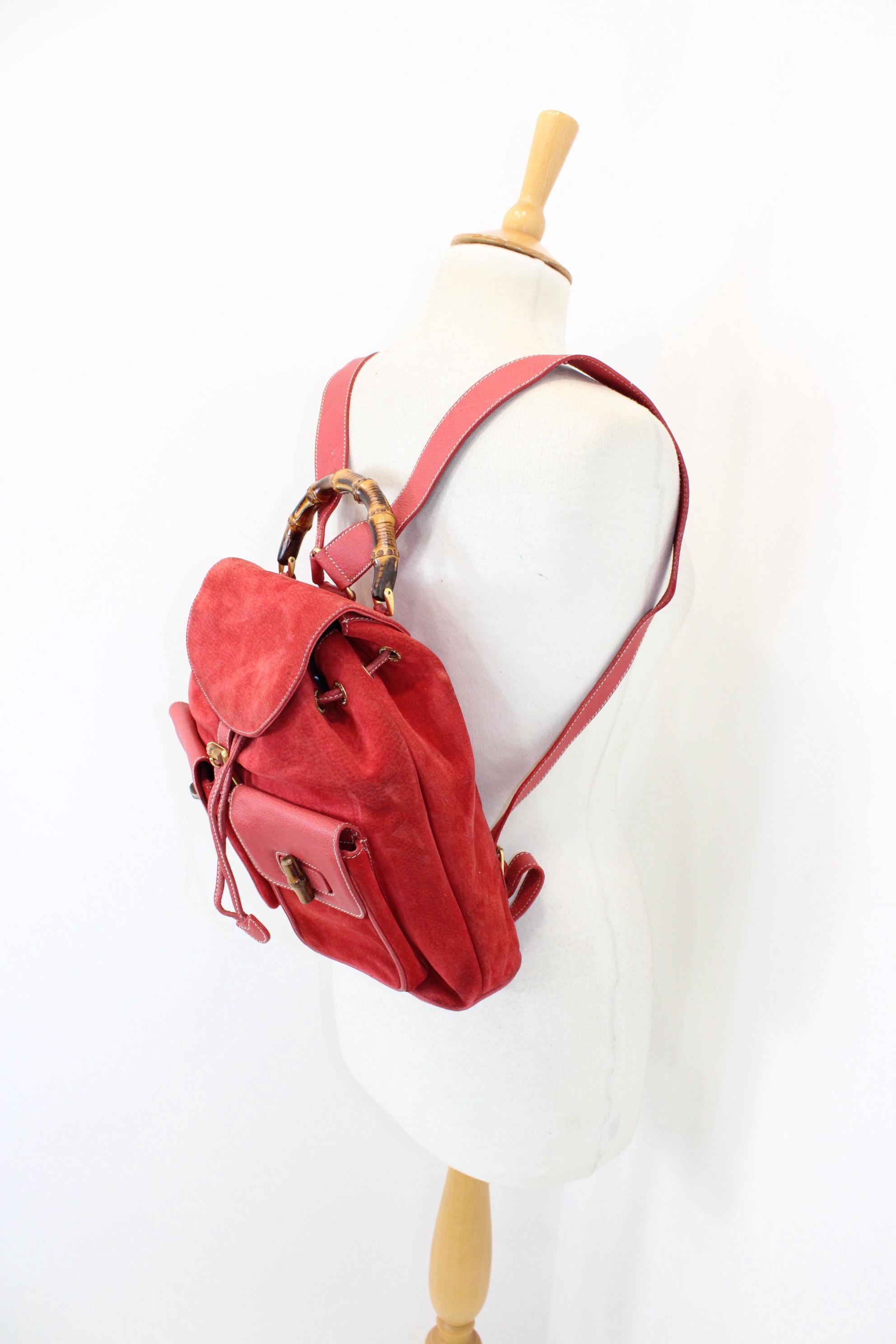 Vintage Gucci Bamboo Red Suede Leather Large Backpack  display picture 2