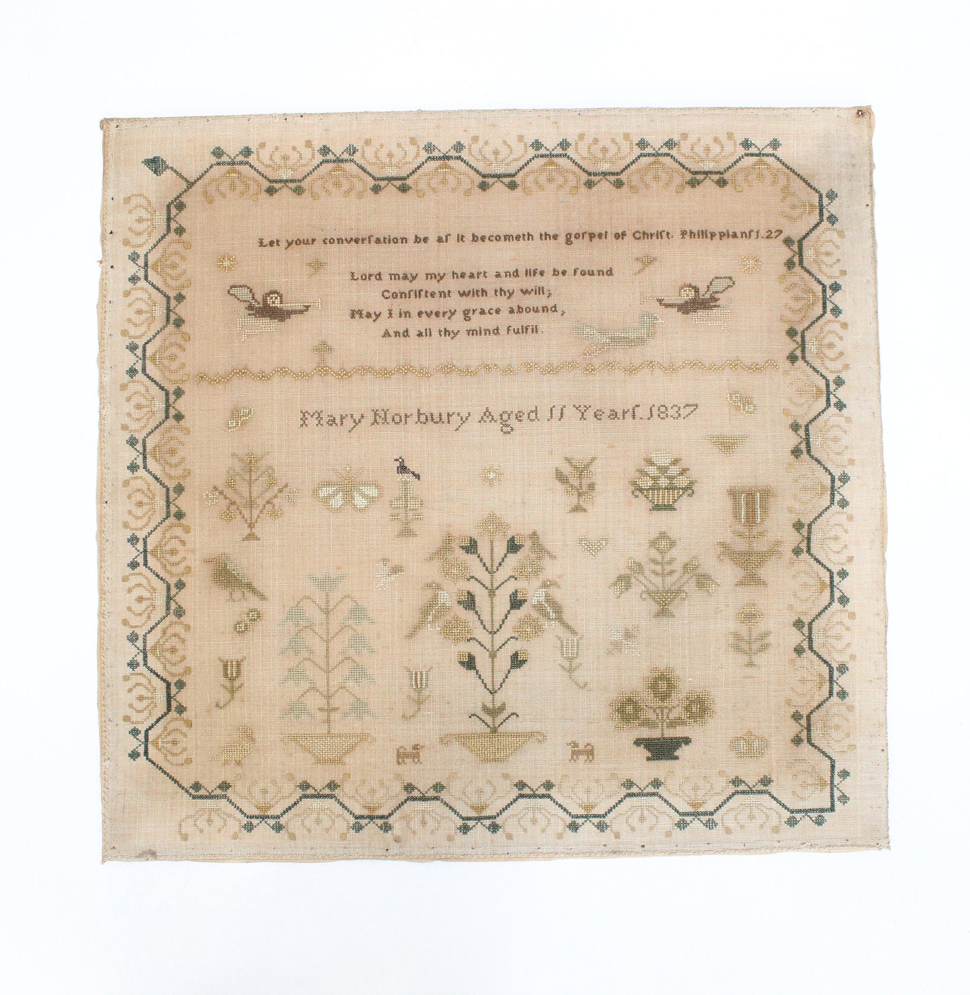 Antique Large Sampler Silk Cross Stitch Religious Needlework Birds