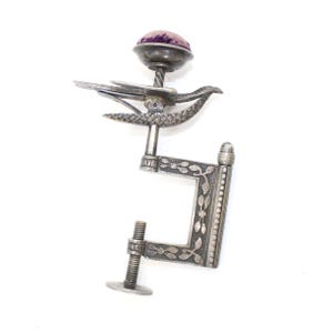 Antique Victorian Sewing Bird Table Clamp Pin Cushion & Needle Case Needlework Tool