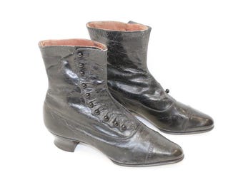 Antique original Victorian boots ladies black leather button up ankle boots shoes spats style