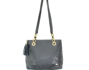 Vintage 1990s Bally navy blue leather quilted shoulder designer bag tote handbag
