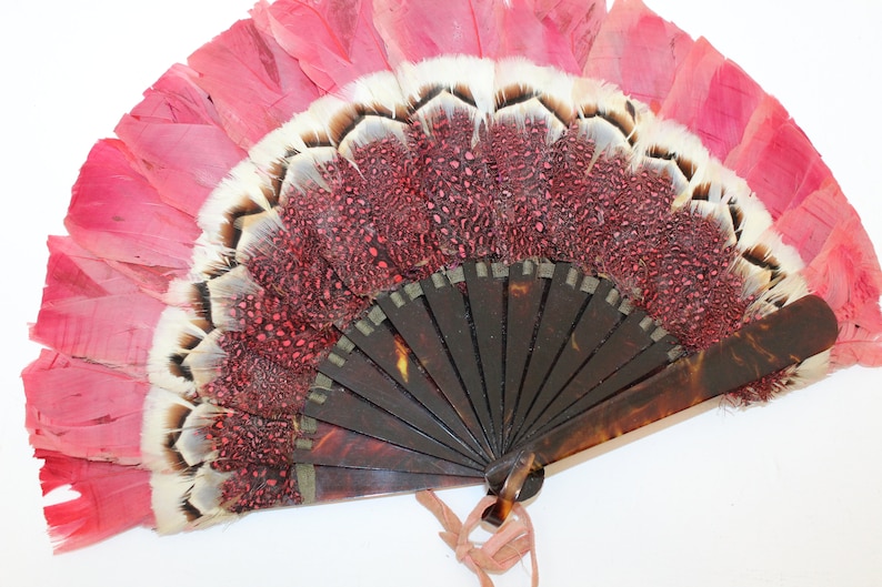 Antique Victorian pink feather fan folding hand fan celluloid staves